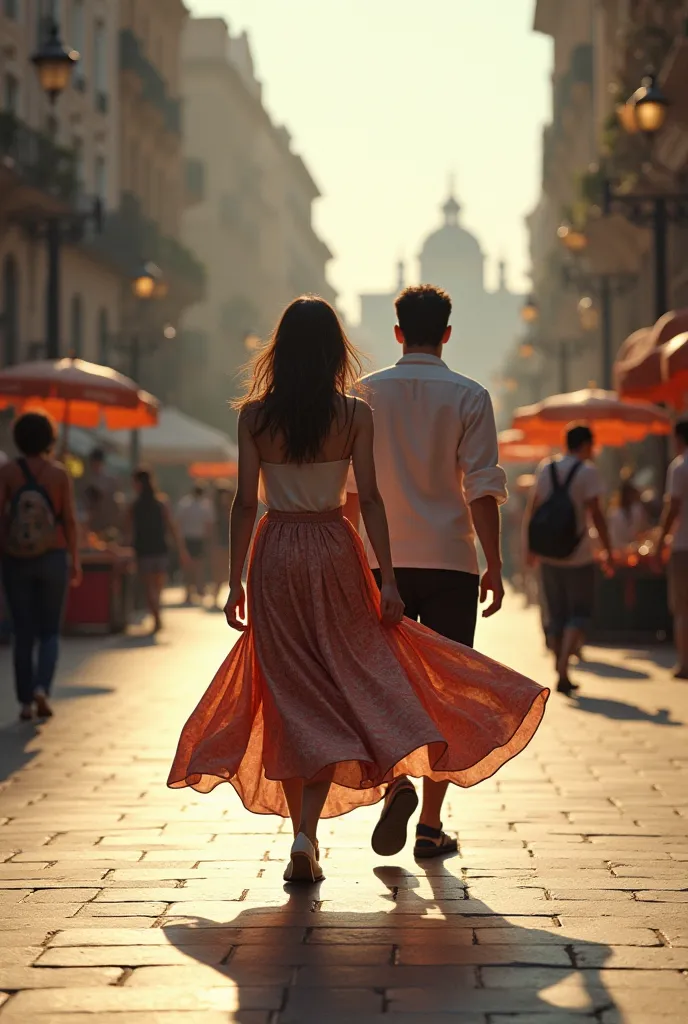 The woman in the skirt goes ahead and the man stays behind her. They walk towards a square.