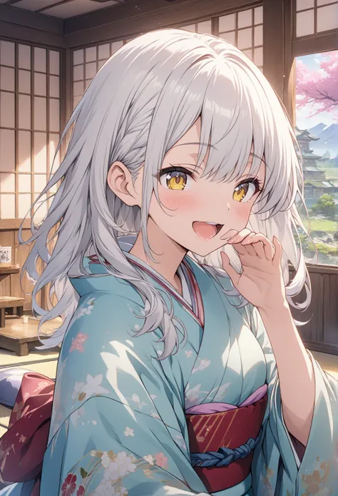 masterpiece, Best Quality, Highly Detailed CG Unity 8k Wallpaper,Japanese-style room、 anime illustration of a high school girl. Attractive Poses、Close your eyes、opening your mouth, smile.  The background is a pastel-colored landscape, White hair color, yel...