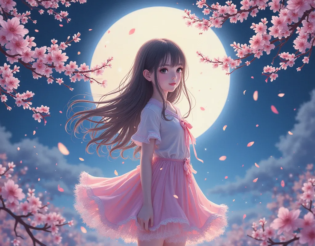 masterpiece, best quality, ultra-detailed, watercolor, full body, colorful, gradation, full body focus, cherry blossom, magic circle, night, a cute girl, 1 girl, solo, skirt, beautiful brown hair, beautiful black eyes, beautiful eyes, white-skinned, ribon,...