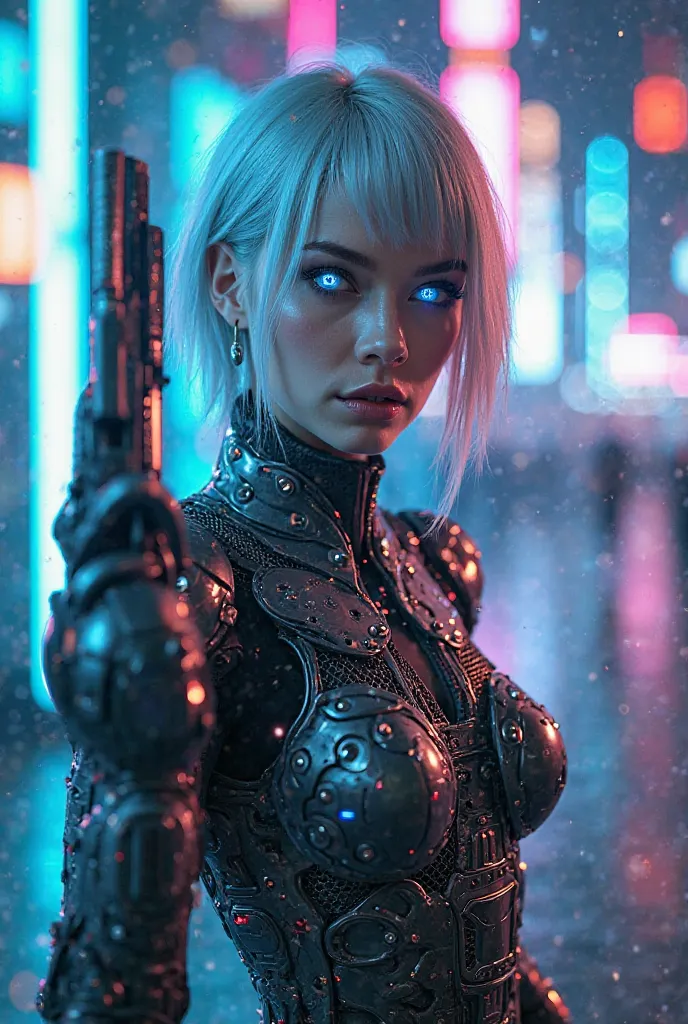 A futuristic woman with short silver hair and glowing neon eyes, wearing technological armor fitted to her body, filled with metallic details and LED lights. She holds a shiny blue plasma gun, while the background shows a cyberpunk city filled with neon an...