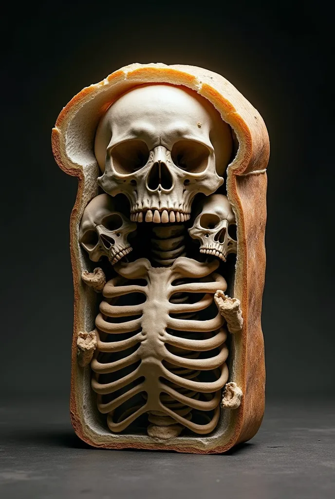 A loaf of bread but it's interior and exterior is made out of bones and skull at the front