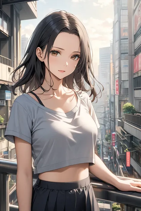 best quality, soft , super detail,  beautiful , 8k, 1 girl , long hair, black hair, outdoor, forehead, brown eyes,  mature women, crop top, in Tokyo city building, collarbone, bahu