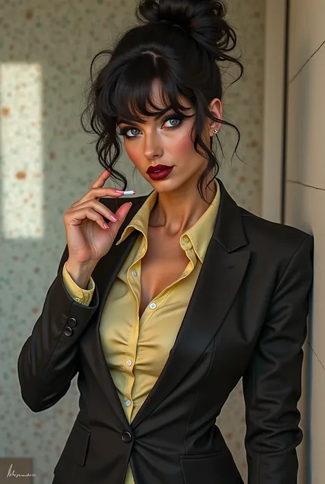 A muscular woman in a black suit and pale yellow button up shirt with the top buttons undone. She has curly black hair in a messy bun, a strong jawline, blue eyes, dark red lipstick. Looking at viewer, lighting a cigarette 