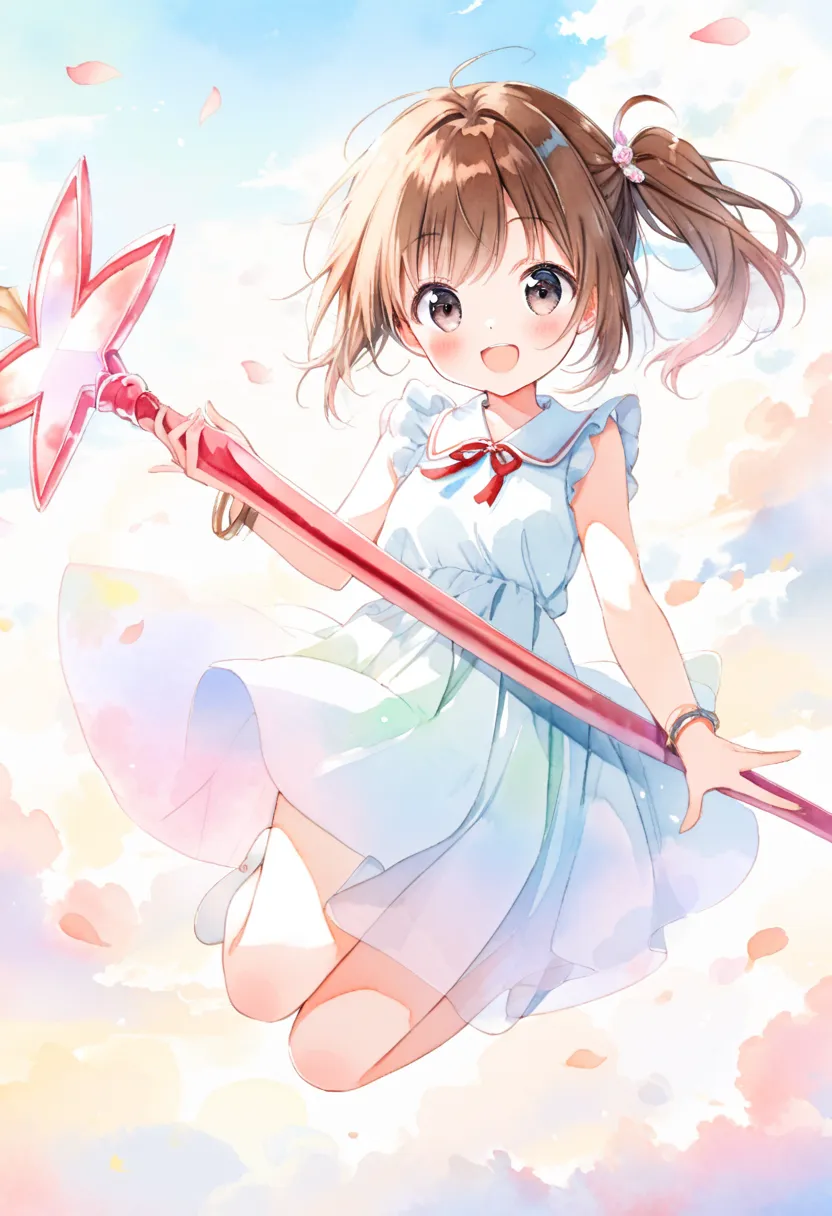 (ultra detailed:0.7), cover image, (soft pastel tones, watercolor, (bright color:1.3), transparent, gradation, harmonious and calm atmosphere:1.1), kinomoto sakura, 1girl, , Elementary school girl, brown hair, big eyes, black eyes, ((red round eyewear:1.2)...