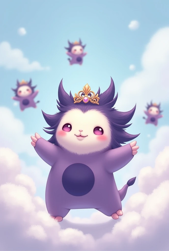 graphic drawing, small purple animals playing on the clouds with crowns