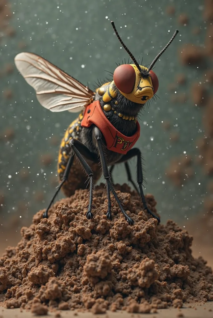 Make an image of a fly wearing the PT jersey.
Make her sit on top of a poop .The shirt must be red 