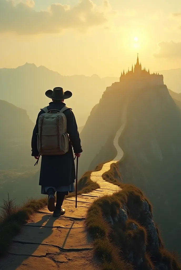 Pilgrim Walking on a Narrow Path (Symbolizing ‘The Pilgrim’s Progress’)

"A lone traveler dressed in 17th-century pilgrim attire, walking on a narrow winding path through a vast, misty landscape. He carries a heavy backpack and looks determined as he heads...