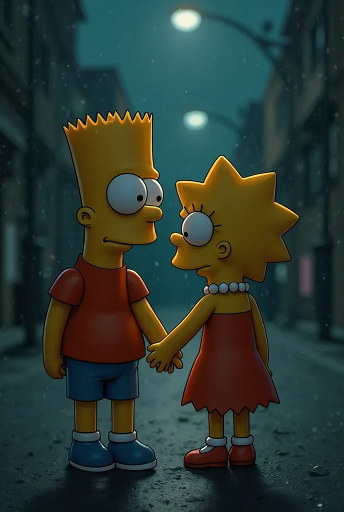 Bart et lisa simspon qui se tiennent la main. Dans une rue sombre. Le fond est flou. Couleur de palette noir
