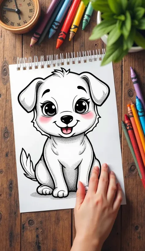 coloring page of a cute dog, put on wooden desk with colors crayon a side, camera veiew from above, with s hand,