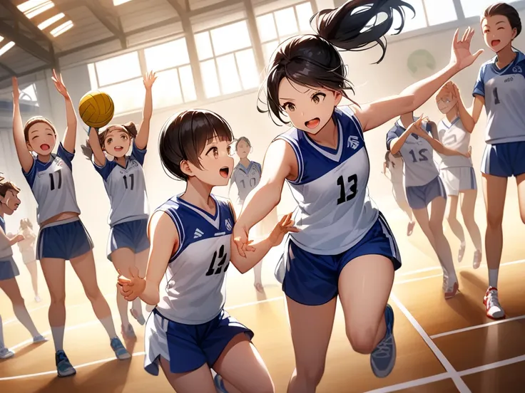 anime、 elementary school girl、volleyball、Haikyu！！、Jump with all your might、dynamic、Underreceive、teammates around、Connect with everyone、Receive the ball、best player