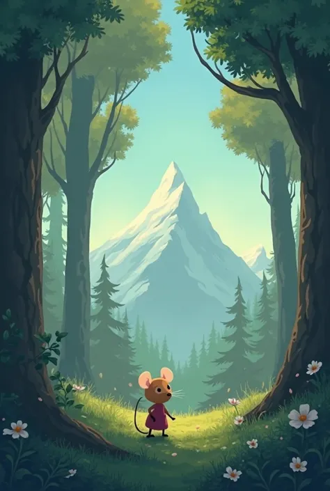 "A simple and enchanting animation of a mysterious forest, with tall trees and soft sounds. A small mouse called Pippo, with a determined look, is looking at a distant mountain. The mountain is majestic and seems to touch the sky. The Pippo rat, despite be...