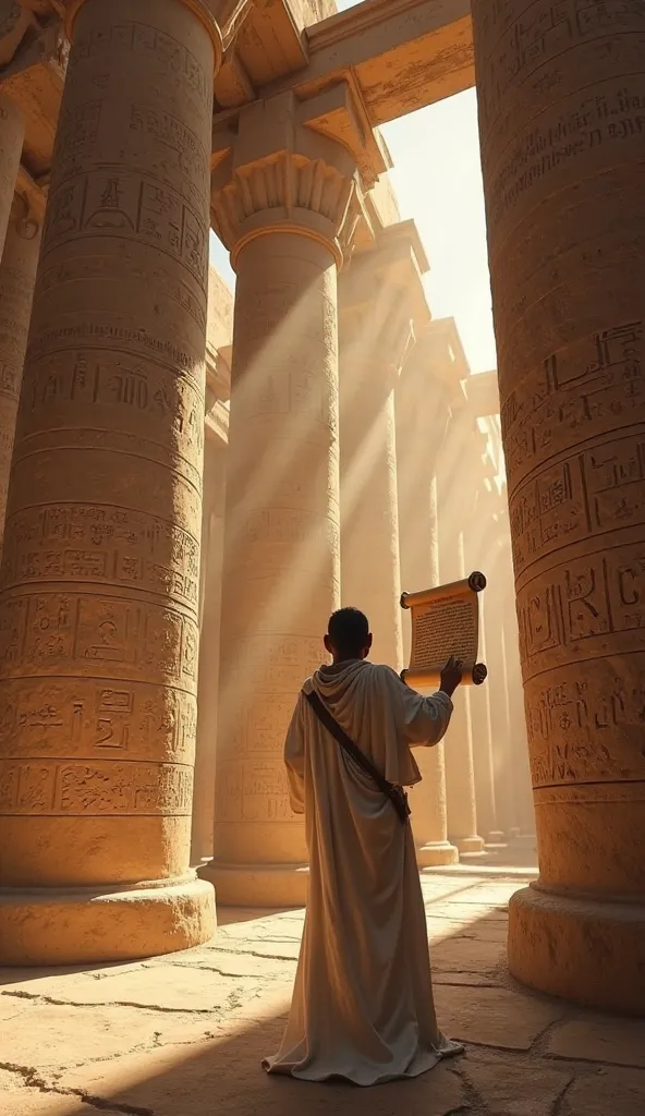 Now inside a Karnak temple, the character observes massive columns covered in hieroglyphics. Sunlight enters through cracks in the stone walls, creating mystical shadows. His hands hold a papyrus scroll with ancient scriptures