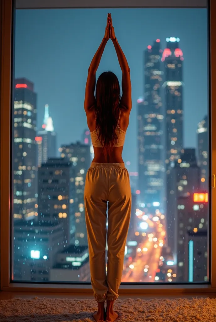 A young woman with a slender yet fit and feminine physique stands barefoot on a plush carpet in a warmly lit bedroom at night, her back turned to the viewer as she stretches gracefully. Both arms are fully extended above her head, fingers intertwined as sh...