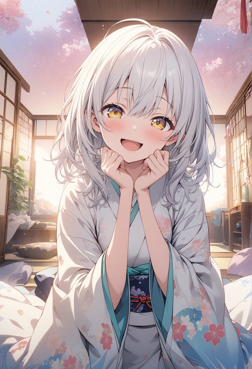 masterpiece, Best Quality, Highly Detailed CG Unity 8k Wallpaper,Japanese-style room、 anime illustration of a high school girl. Attractive Poses、Close your eyes、opening your mouth, smile.  The background is a pastel-colored landscape, White hair color, yel...