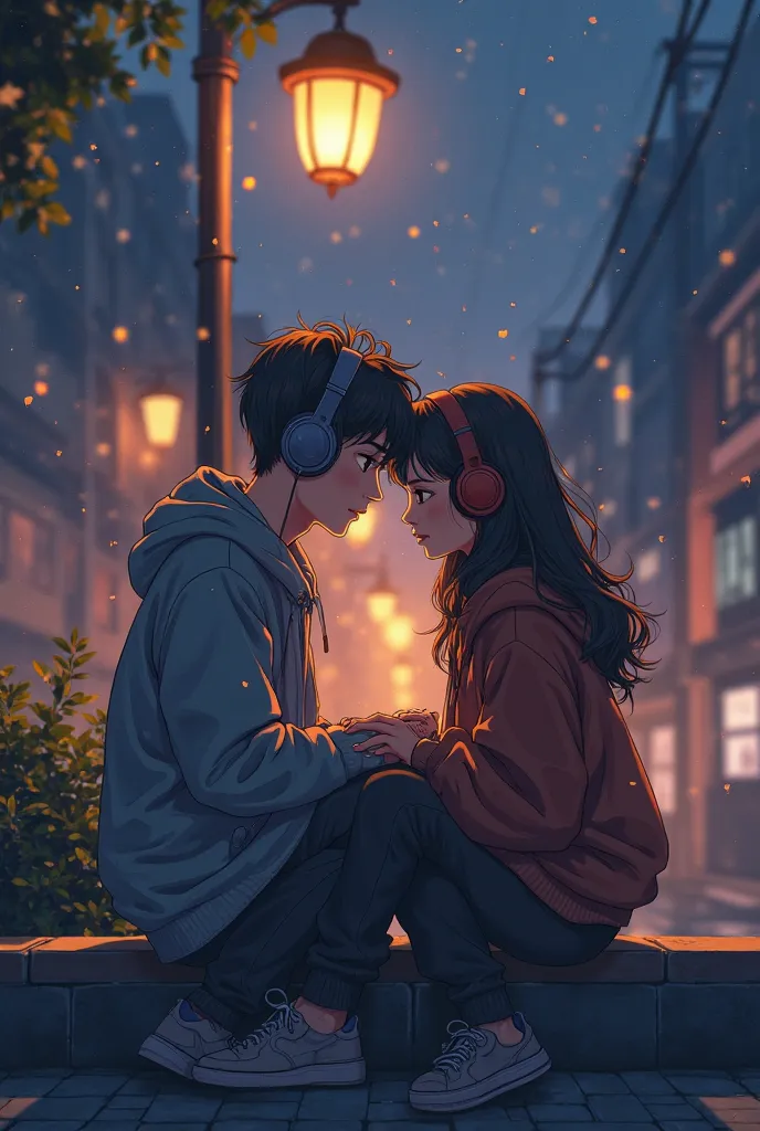 Please create a manhwa style and she is sharing a headset to his boyfriend underneath the lamp street make it in loop motion