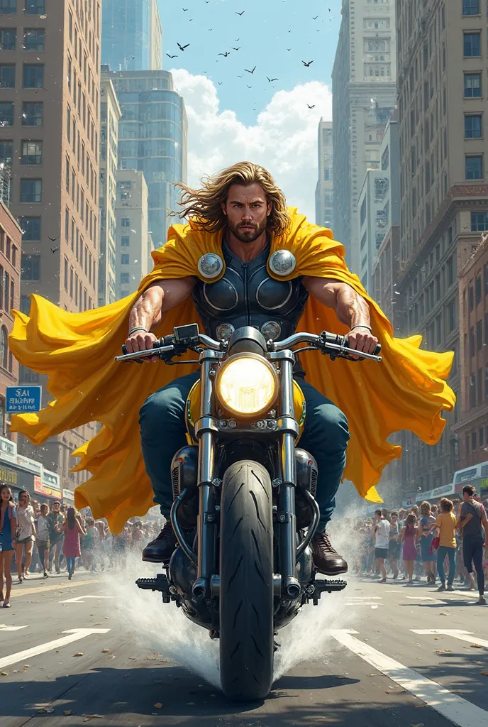 Thor wear a yellow coat and riding cycle in a street