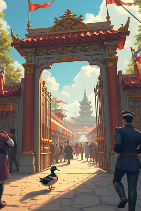 The duck approaches the festival gate where a guard is standing and regulates people's entry, but finds a small gap in the fence and sneaks inside unnoticed

