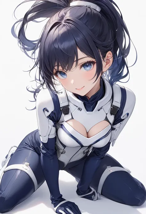 (​masterpiece、 Top Quality、 highest resolution 、 Clear Images 、  detailed image 、 The angle is from above ): ( One Japanese Woman 、 High Ponytail、  dark blue hair  、 Sparkling blue eyes 、(  white and navy blue pilot suit （Enamel Finish ）、white and dark blu...