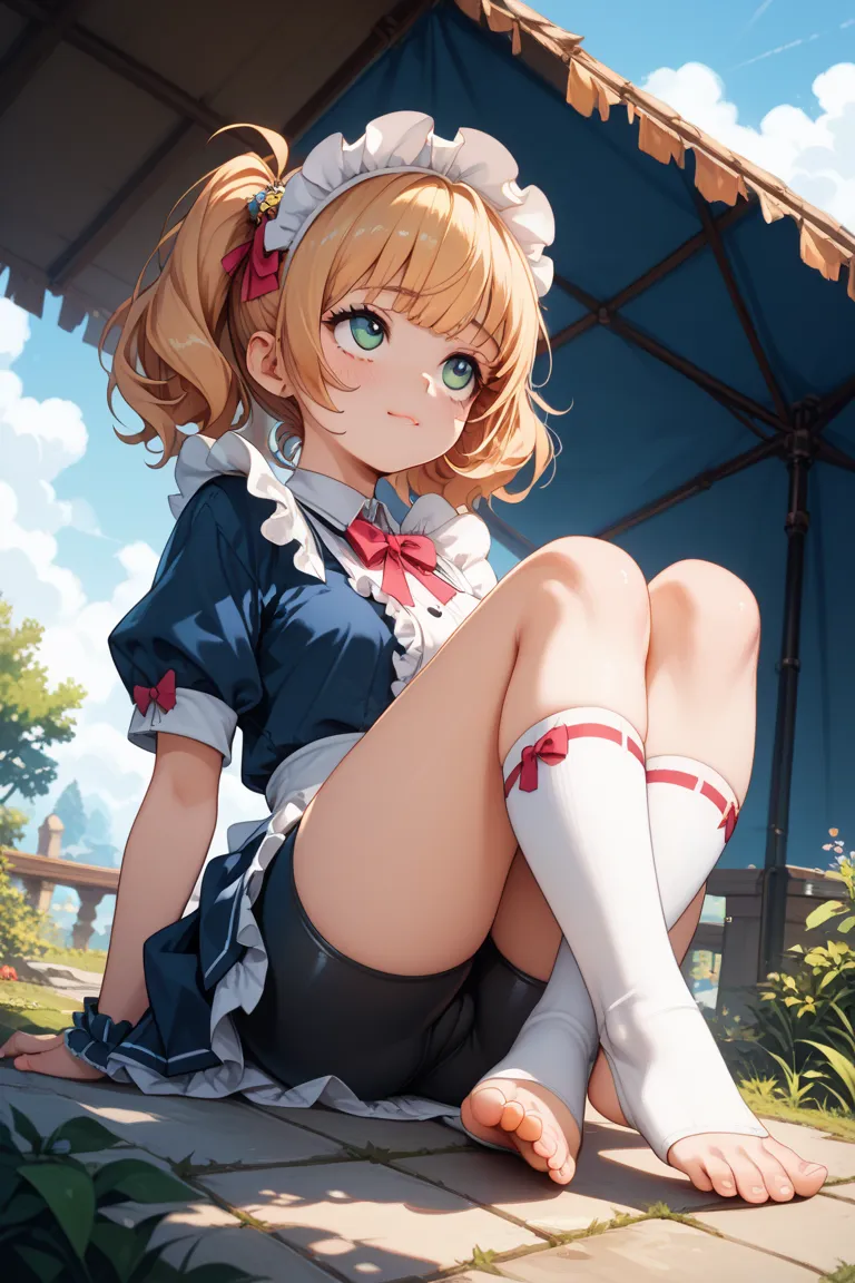 1 girl、Maid、is sitting、frill socks、 from below、 Ashikiri、is embarrassing、bike shorts、 puffy lips、Toeless Legwear、cross race legwear、masterpiece、Best Quality、uncorrected