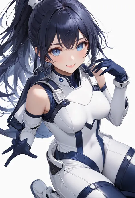 (​masterpiece、 Top Quality、 highest resolution 、 Clear Images 、  detailed image 、 The angle is from above ): ( One Japanese Woman 、 High Ponytail、  dark blue hair  、 Sparkling blue eyes 、(  white and navy blue pilot suit （Enamel Finish ）、white and dark blu...