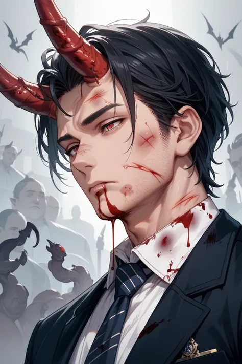  male black haired demon blood bruise assault horned bloodshed expressionless grotesque death 