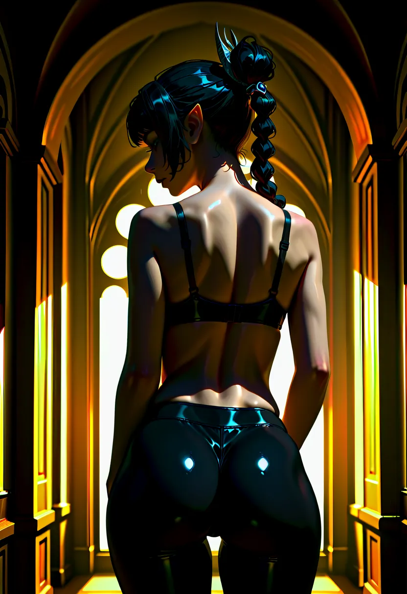 Shadowheart from Baldur's gate 3 wearing tight black leggings and bra 