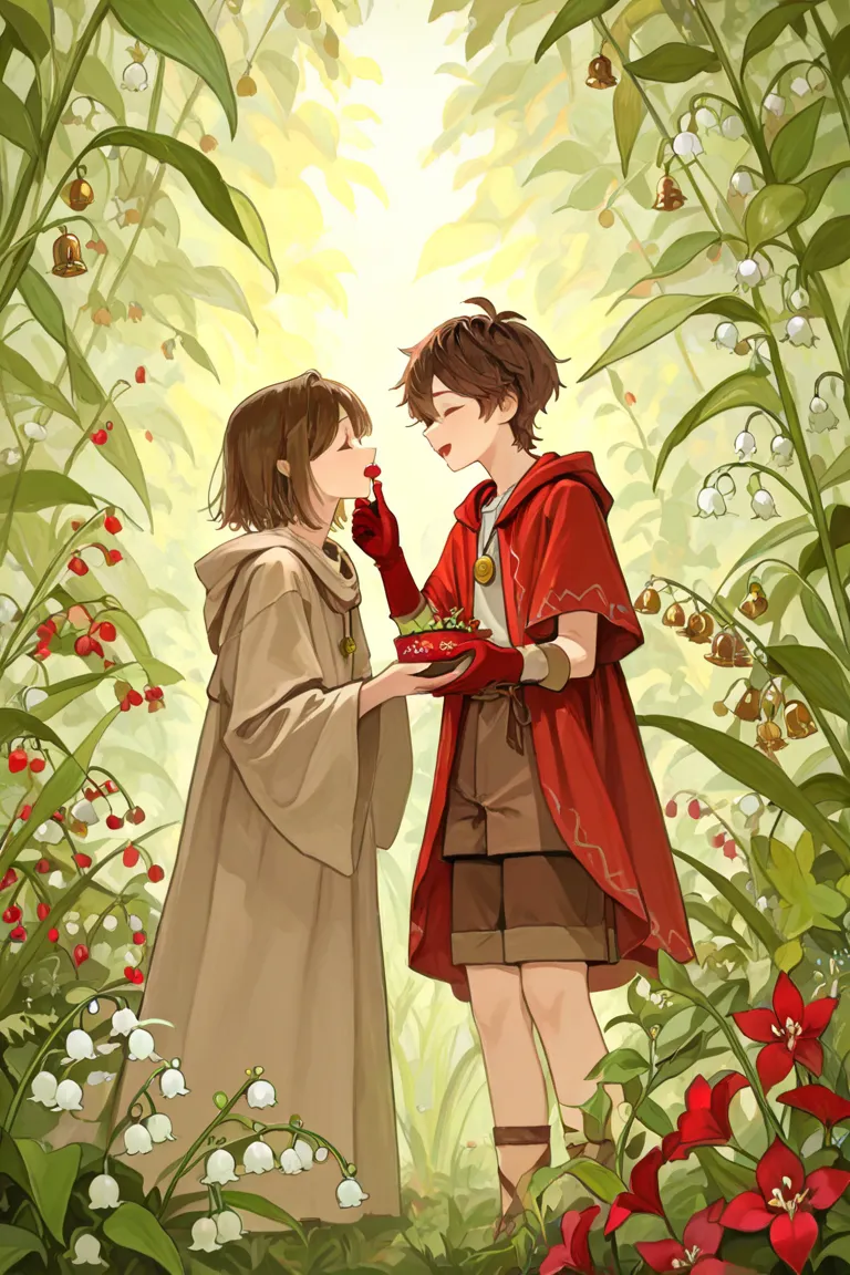 Young man with short brown hair, warning a red loose robe with a hoode and a brown shorts, and a golden bell necklace, some random hand with red gloves feeding him red berries, a background of plants, with few lilies of the valley flowers, and tiny red flo...