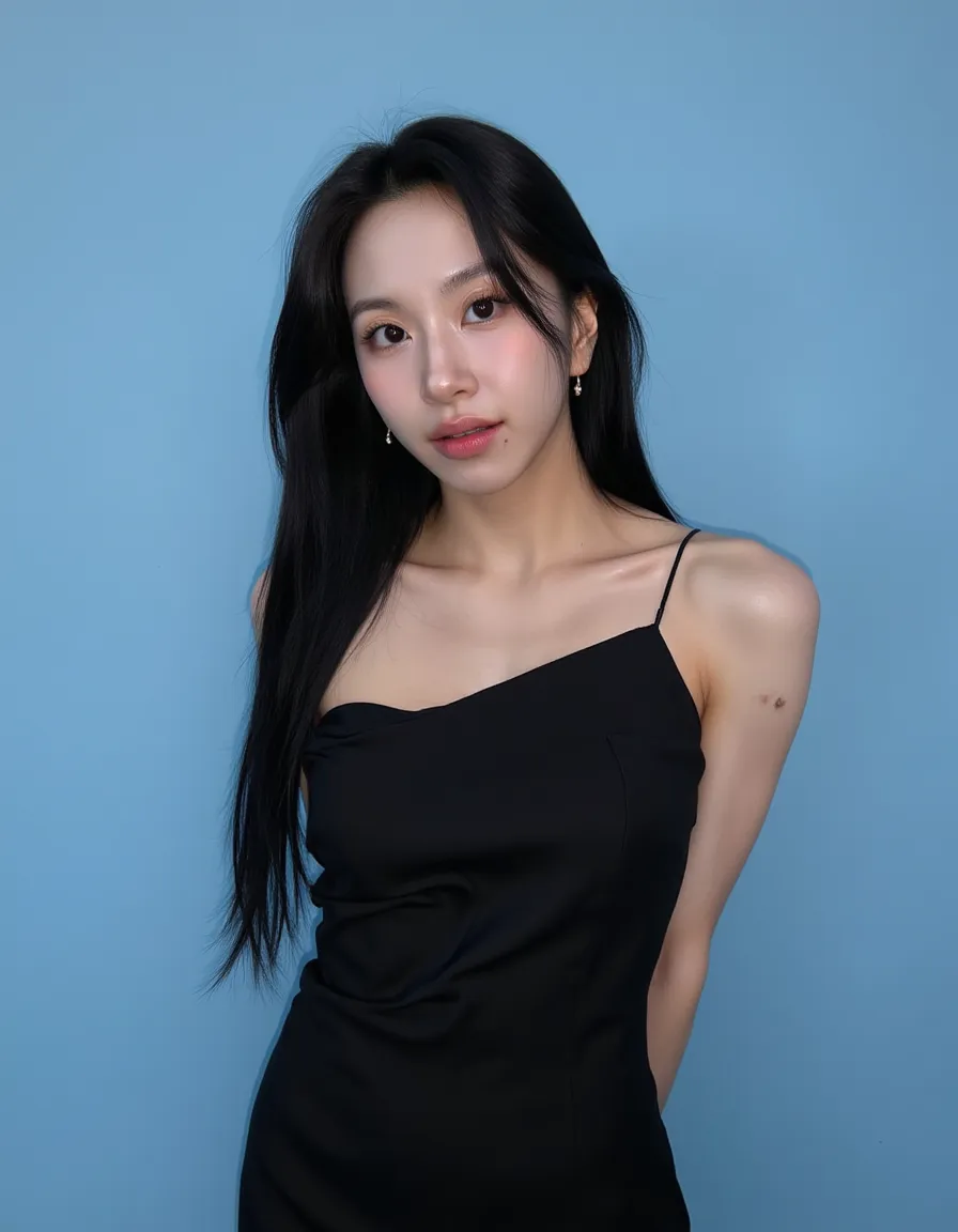 Photograph of an Asian woman with long, straight black hair. She has fair skin, delicate facial features, and is wearing a sleeveless, one-shoulder black dress. Her expression is neutral, lips slightly parted, and she is wearing small, simple earrings. The...