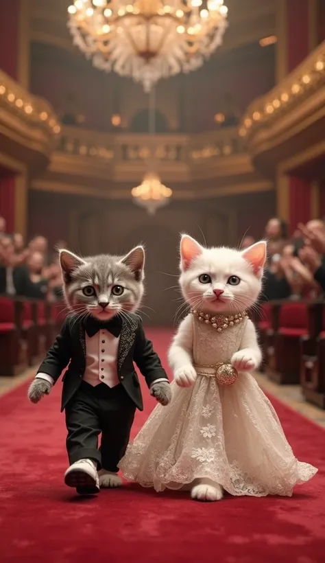 Opera Stage Elegance – Diva and Maestro
Two baby cats are walking upright and forward on an opulent opera stage.

Kitten 1 (Smoky Gray): Dressed in an elegant tailored tuxedo with a bow tie and classic dress shoes, embodying a refined maestro.
Kitten 2 (Pe...