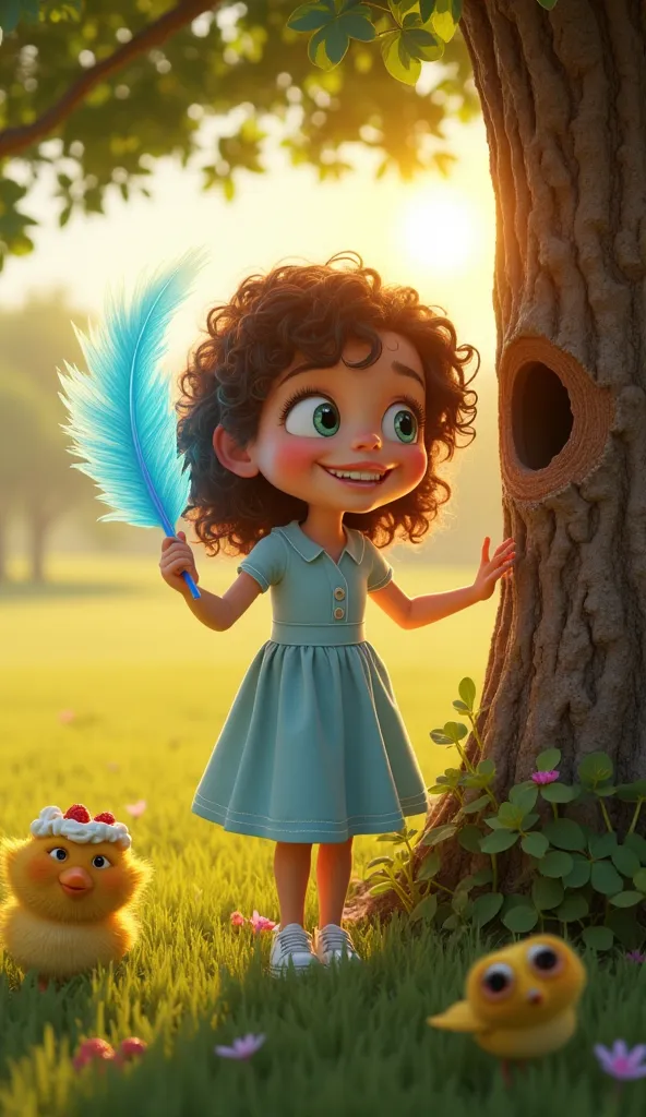 A cheerful young girl named Ella, around , with curly brown hair, bright green eyes, and a playful smile,. She wears a light blue dress with white sneakers.  Ella holds the glowing blue feather tightly and excitedly whispers her wish for a giant chocolate ...