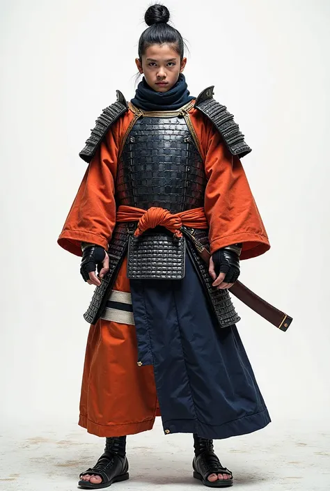 A real Naruto person wearing real samurai armor only in the colors of his clothes and on a white background as if he were in a photography studio photographed with a Nikon D90