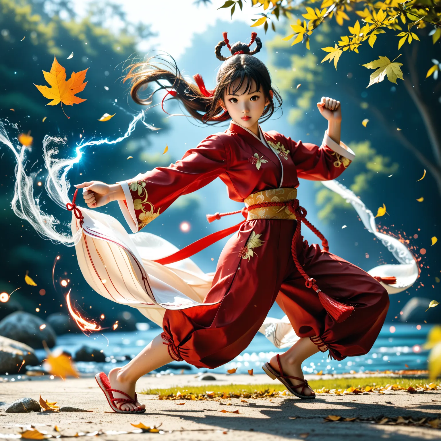 1 woman, Cyber Body Kung Fu Girl，Strong martial arts， beautiful face，exquisite facial features，（Strong eyes 1.2），Long hair that flows softly， fair skin ，wear（Beautiful kung fu suit 1.3），Strong aura，leaves around，Flying with the wind ，Strong legs and feet，p...