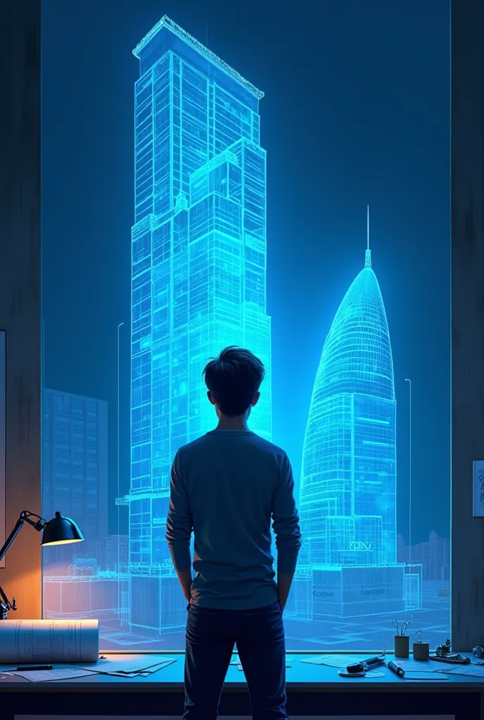 Architect (25 years old) standing at the table. Holographic image of a blue building under construction. Vector style. Realism level: below average. Harmonious, deep colors. Top view