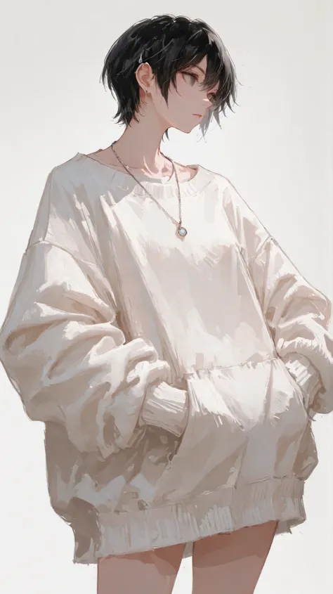 masterpiece,Excellent quality, with exquisite details,Outstanding look,shoe,A tomboy, and has short black hair,wears a delicate geometric pendant necklace and delicate silver ear holes,Oversized white sweater,Soft diffused light on a light grey background...