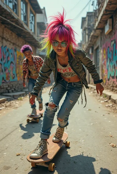 Punk girl Nepali with friends skateboard 