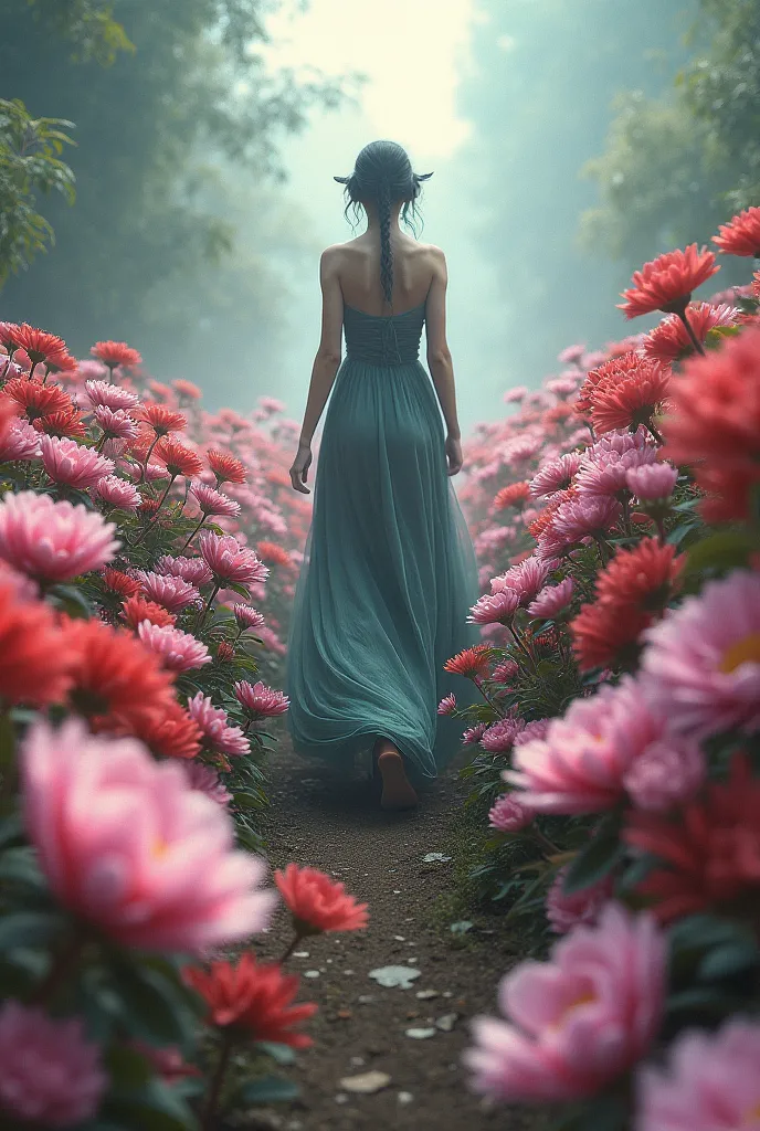 faceless woman walking among flowers