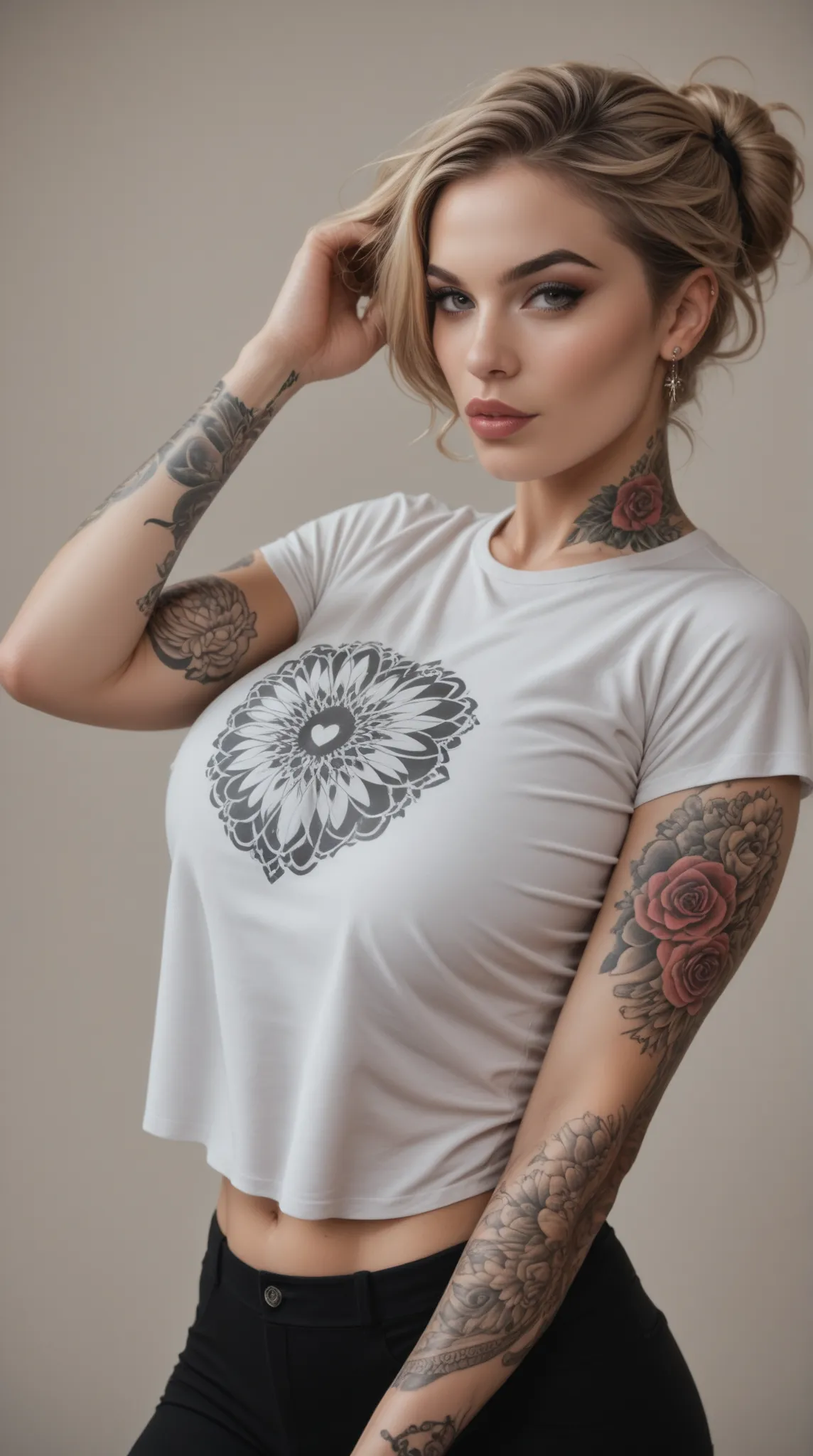 Score_9, Score_8_high, Score_7_high, attractive 1 girl,big boobs, Tattooed, sassy, pushing t-shirt up, sneak peek