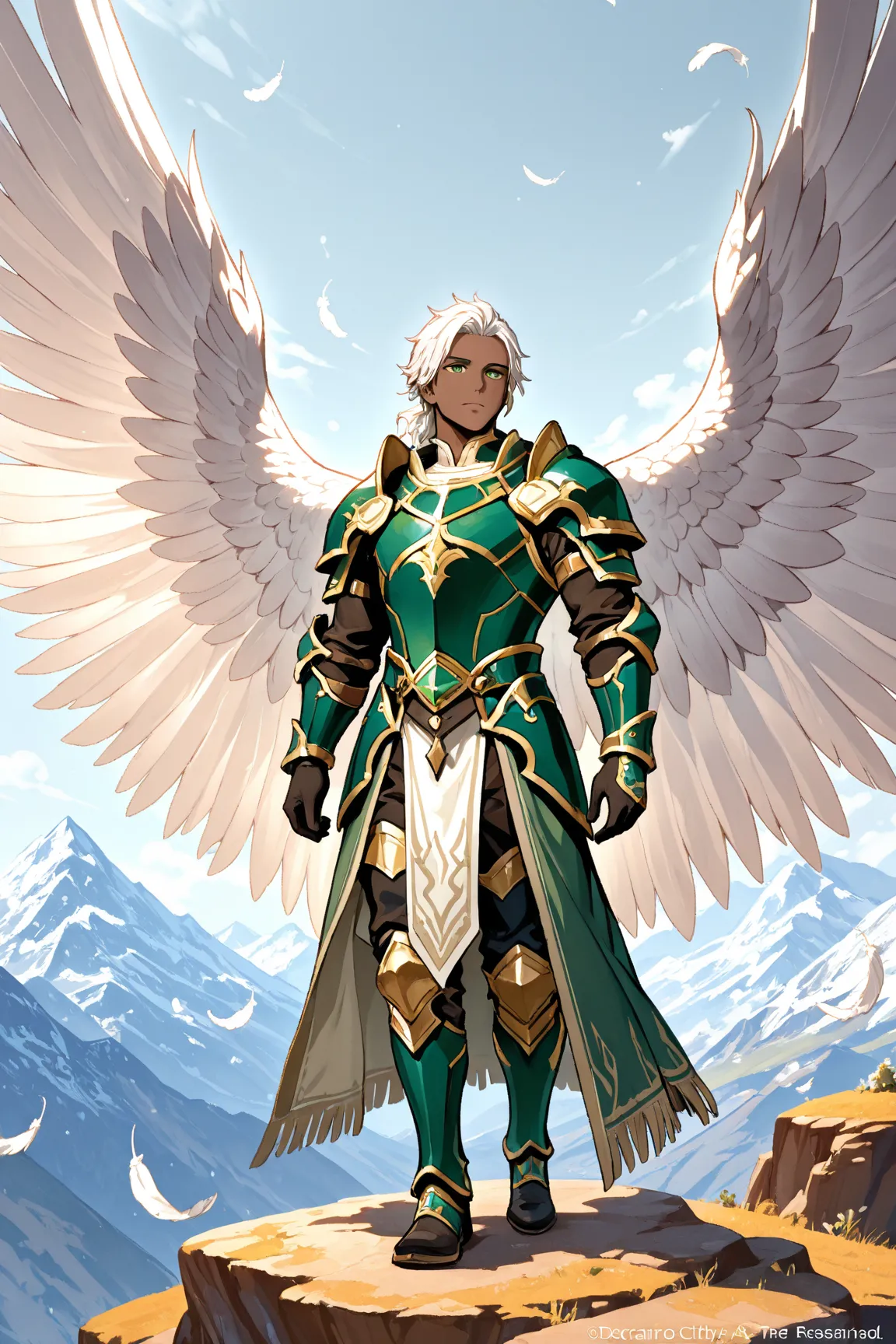  Masterpiece , top quality ,Full body cutie , 1 man, with dark skin, Huge wings full of feathers , green eyes, Green armor, Scenario from the fantasy Celestial City , Short white hair, In the background you are standing on a mountain profile from the front...