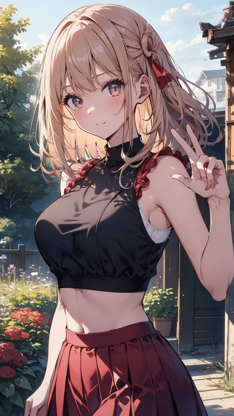 masterpiece、best quality、Super Detailsed、illustrations、Beautiful Detailsed eyes、one girl、Outdoor Garden、 Large Sized Attractive Bra、Ultra Small Crop Top 、 Gold、22 years old、  short red skirt  、 short shirt、 Thin Stomach 、hair bow、long hair、Sleeveless、自信に満ち...