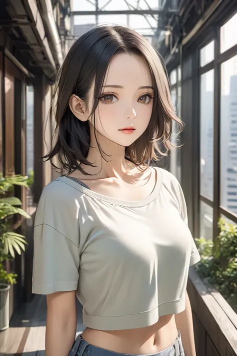 best quality, soft , super detail,  beautiful , 8k, 1 girl , long hair, black hair, outdoor, forehead, brown eyes,  mature women, crop top, in Tokyo city building, collarbone, bahu