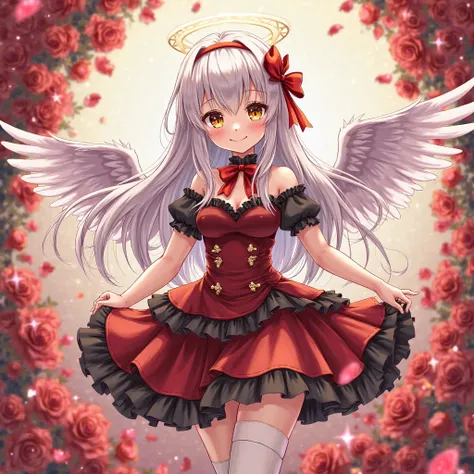 Please create an anime-style illustration！
features

・Pretty girl character
・Long silver hair
・Angelic wings
・Amber eyes
・Red ribbon
・Red base with white accent color
· Shiny decorations
・Gothic dress with lots of ruffles
・Warm backlight
・Graceful smile
・G...