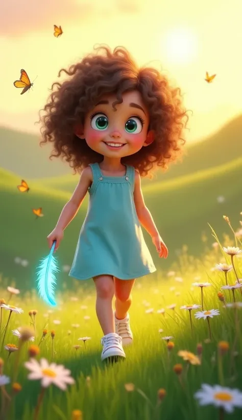 A cheerful young girl named Ella, around , with curly brown hair, bright green eyes, and a playful smile, walks through a sunlit meadow filled with wildflowers. She wears a light blue dress with white sneakers. In the grass, she notices a glowing blue feat...