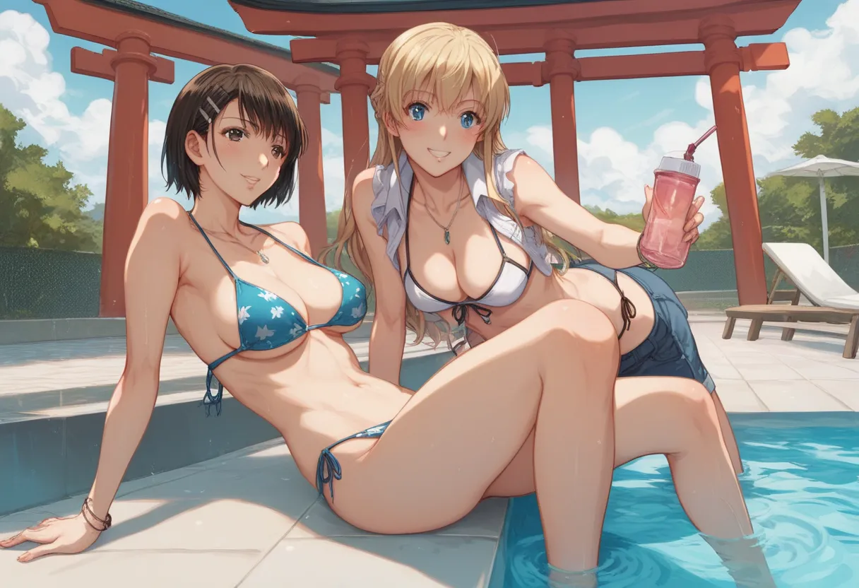 A woman in a bikini is sitting by the pool, Torii Kiyomoto's picture, Tumbler, what is it？, Yoshitomo Nara, Next to the pool, Yasumoto Oka, deayami kojima, Sakihime-chan , Ayami Kojima Amano, Chiho, Aoi Ogata