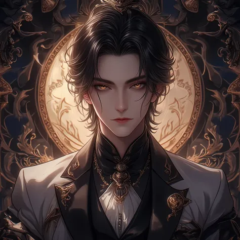 anime style young nobleman with short slicked back black hair golden eyes