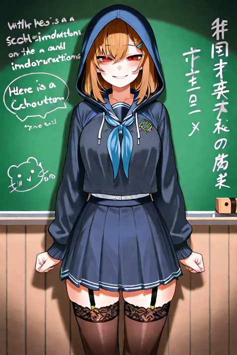 Hooded transfer student, evil mischievious smile, school uniform, pleated skirt, classroom, standing in front of chalkboard, thighhigh stockings, high detail, dark theme, masterpiece, shadow on eyes