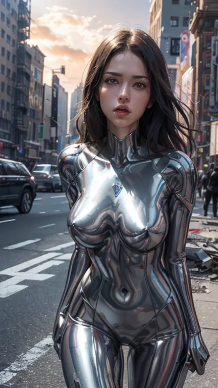  25 year old woman with extended breasts、 Colossus style ,  Peter Rasputin's alter ego ,  Marvel Comics comic character . The most famous ability of the Colossus is、 means that his entire skin is made of chrome-plated silver organic steel........ Chrome pl...