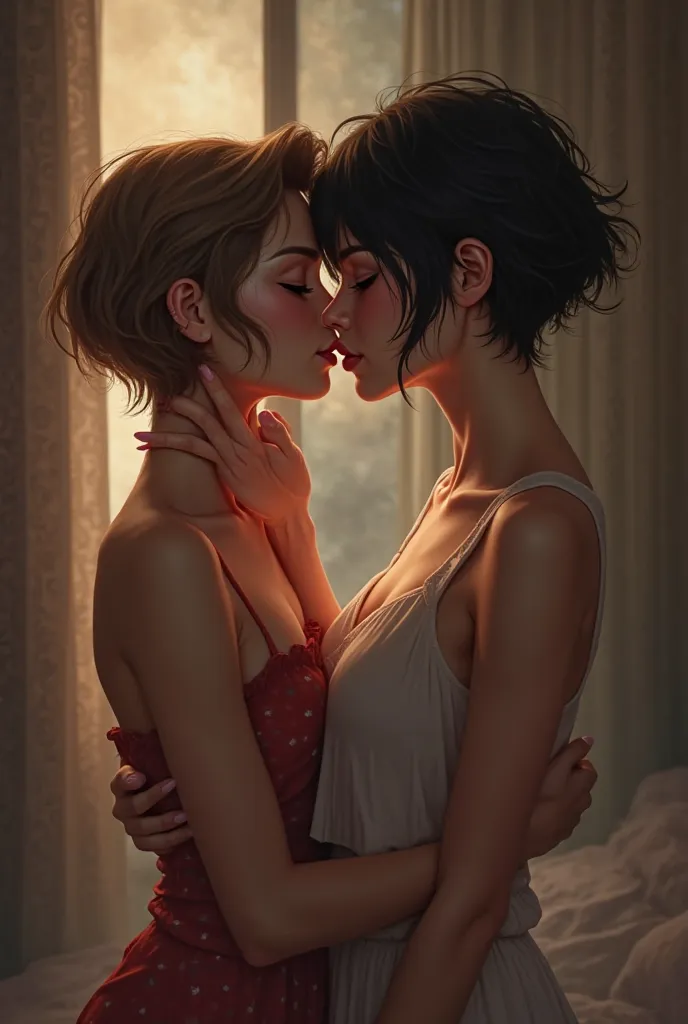 Short hair girl kissing a woman with pixie hair