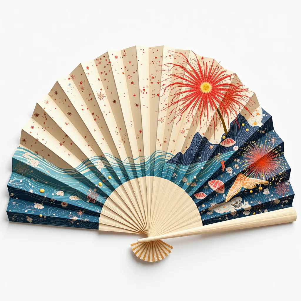 Japanese fan,Sensu design:1.6,A motif design that feels like summer,White background:1.8,Modern,Fireworks,sea,fish,Seashells