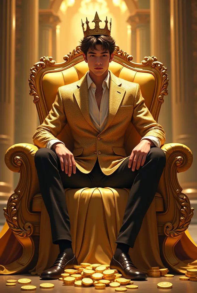 A twenty-year-old boy sits on a golden chair in a golden palace wearing a crown and money and gold under his feet.