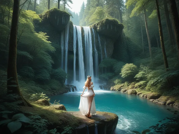 A princess from a fantasy world is standing facing the front with Okunotaki in a deep, dim forest with unicorns on her back, (( in a deep, dim forest, very close to the waterfall)), ((The princess is standing facing us in the immediate vicinity of countles...